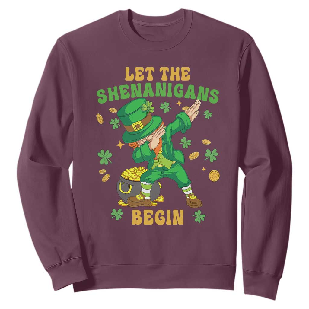Funny St. Patricks Day Sweatshirt Let The Shenanigans Begin Dabbing Leprechaun TS02 Maroon Printyourwear