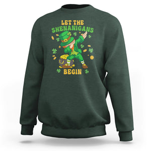 Funny St. Patricks Day Sweatshirt Let The Shenanigans Begin Dabbing Leprechaun TS02 Dark Forest Green Printyourwear