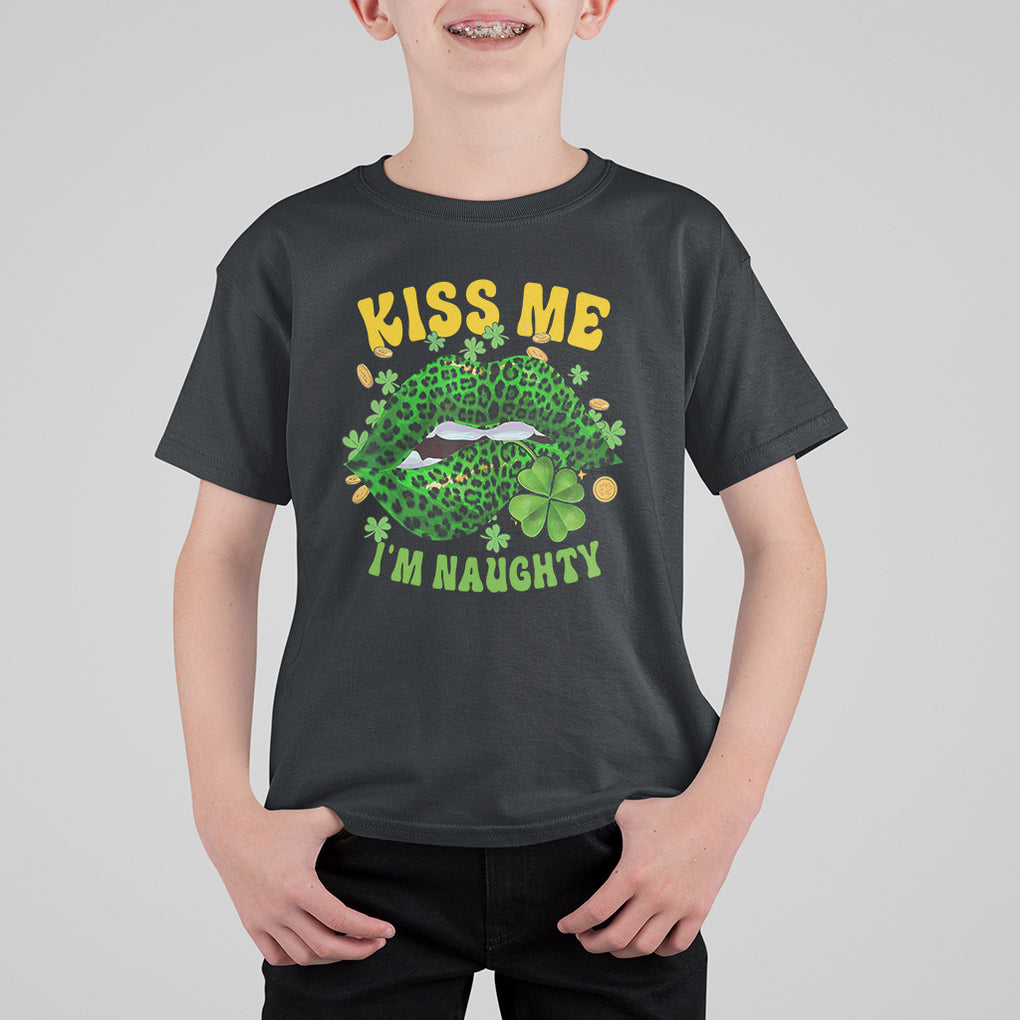 Funny St. Patricks Day T Shirt For Kid Kiss Me I'm Naughty Irish Women Leopard Biting Lips TS02 Black Printyourwear