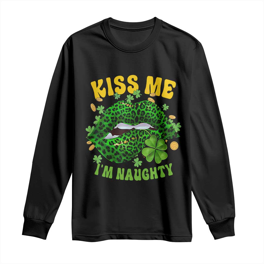 Funny St Patricks Day Long Sleeve Shirt Kiss Me I'm Naughty Irish Women Leopard Biting Lips TS02 Black Print Your Wear