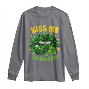 Funny St Patricks Day Long Sleeve Shirt Kiss Me I'm Naughty Irish Women Leopard Biting Lips TS02 Charcoal Print Your Wear