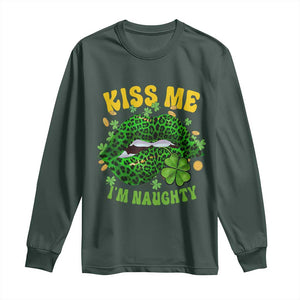 Funny St Patricks Day Long Sleeve Shirt Kiss Me I'm Naughty Irish Women Leopard Biting Lips TS02 Dark Forest Green Print Your Wear