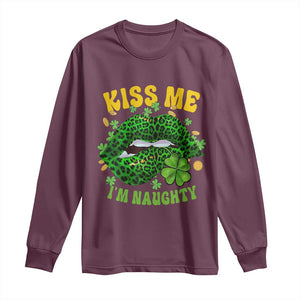 Funny St Patricks Day Long Sleeve Shirt Kiss Me I'm Naughty Irish Women Leopard Biting Lips TS02 Maroon Print Your Wear