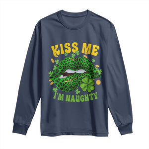 Funny St Patricks Day Long Sleeve Shirt Kiss Me I'm Naughty Irish Women Leopard Biting Lips TS02 Navy Print Your Wear