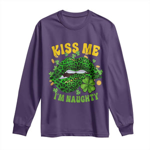 Funny St Patricks Day Long Sleeve Shirt Kiss Me I'm Naughty Irish Women Leopard Biting Lips TS02 Purple Print Your Wear