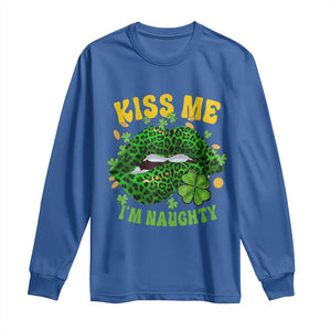 Funny St Patricks Day Long Sleeve Shirt Kiss Me I'm Naughty Irish Women Leopard Biting Lips TS02 Royal Blue Print Your Wear