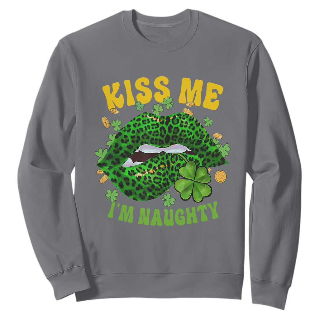 Funny St. Patricks Day Sweatshirt Kiss Me I'm Naughty Irish Women Leopard Biting Lips TS02 Charcoal Printyourwear