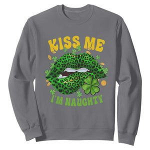Funny St. Patricks Day Sweatshirt Kiss Me I'm Naughty Irish Women Leopard Biting Lips TS02 Charcoal Printyourwear
