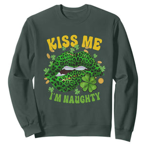 Funny St. Patricks Day Sweatshirt Kiss Me I'm Naughty Irish Women Leopard Biting Lips TS02 Dark Forest Green Printyourwear