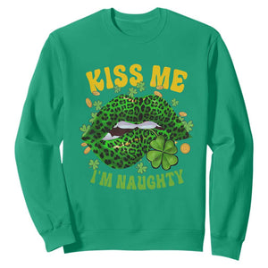 Funny St. Patricks Day Sweatshirt Kiss Me I'm Naughty Irish Women Leopard Biting Lips TS02 Irish Green Printyourwear