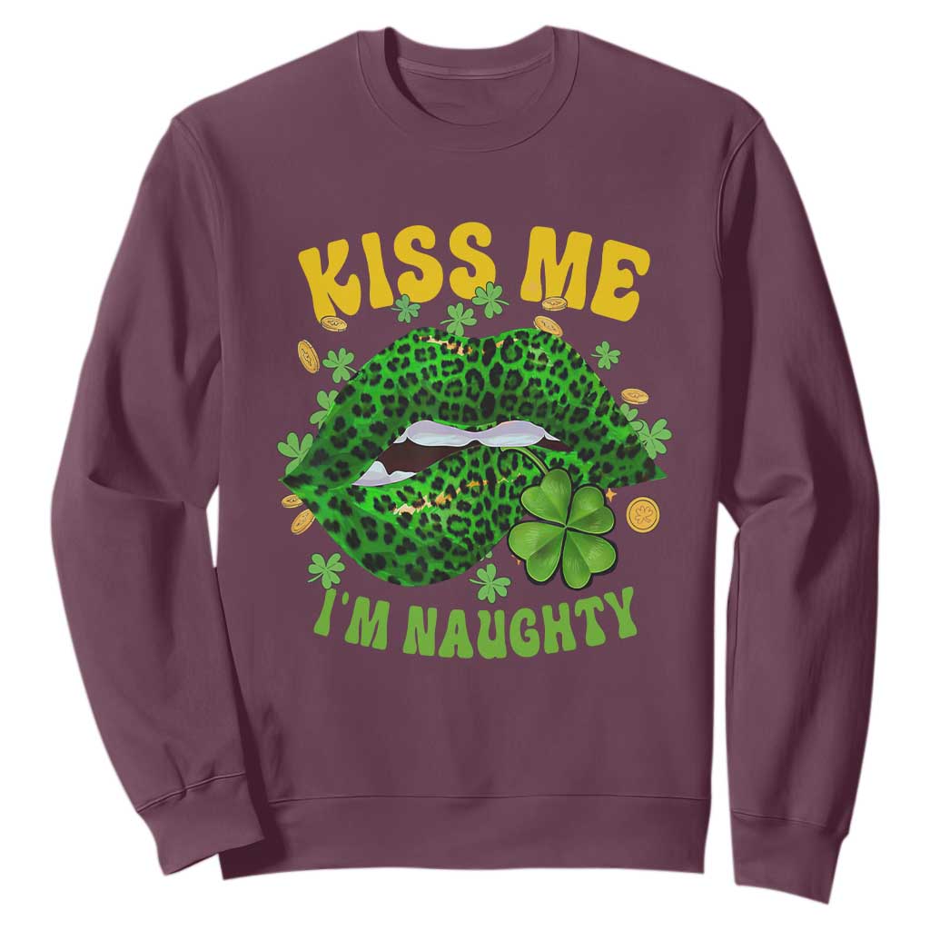 Funny St. Patricks Day Sweatshirt Kiss Me I'm Naughty Irish Women Leopard Biting Lips TS02 Maroon Printyourwear
