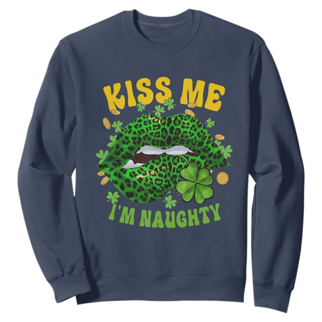 Funny St. Patricks Day Sweatshirt Kiss Me I'm Naughty Irish Women Leopard Biting Lips TS02 Navy Printyourwear