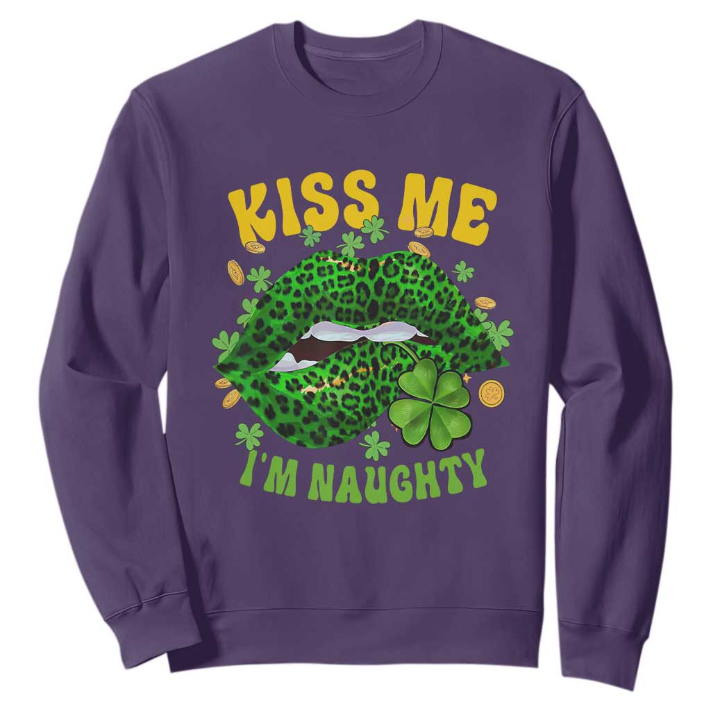 Funny St. Patricks Day Sweatshirt Kiss Me I'm Naughty Irish Women Leopard Biting Lips TS02 Purple Printyourwear
