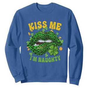 Funny St. Patricks Day Sweatshirt Kiss Me I'm Naughty Irish Women Leopard Biting Lips TS02 Royal Blue Printyourwear