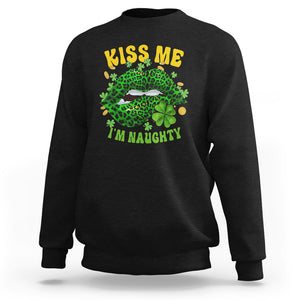 Funny St. Patricks Day Sweatshirt Kiss Me I'm Naughty Irish Women Leopard Biting Lips TS02 Black Printyourwear