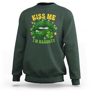 Funny St. Patricks Day Sweatshirt Kiss Me I'm Naughty Irish Women Leopard Biting Lips TS02 Dark Forest Green Printyourwear