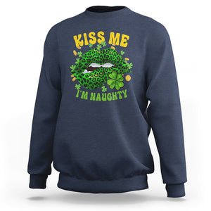 Funny St. Patricks Day Sweatshirt Kiss Me I'm Naughty Irish Women Leopard Biting Lips TS02 Navy Printyourwear