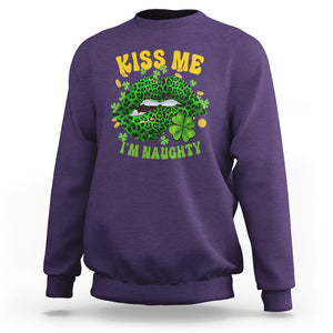 Funny St. Patricks Day Sweatshirt Kiss Me I'm Naughty Irish Women Leopard Biting Lips TS02 Purple Printyourwear