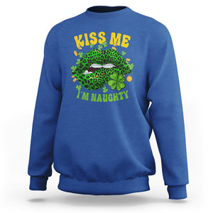 Funny St. Patricks Day Sweatshirt Kiss Me I'm Naughty Irish Women Leopard Biting Lips TS02 Royal Blue Printyourwear