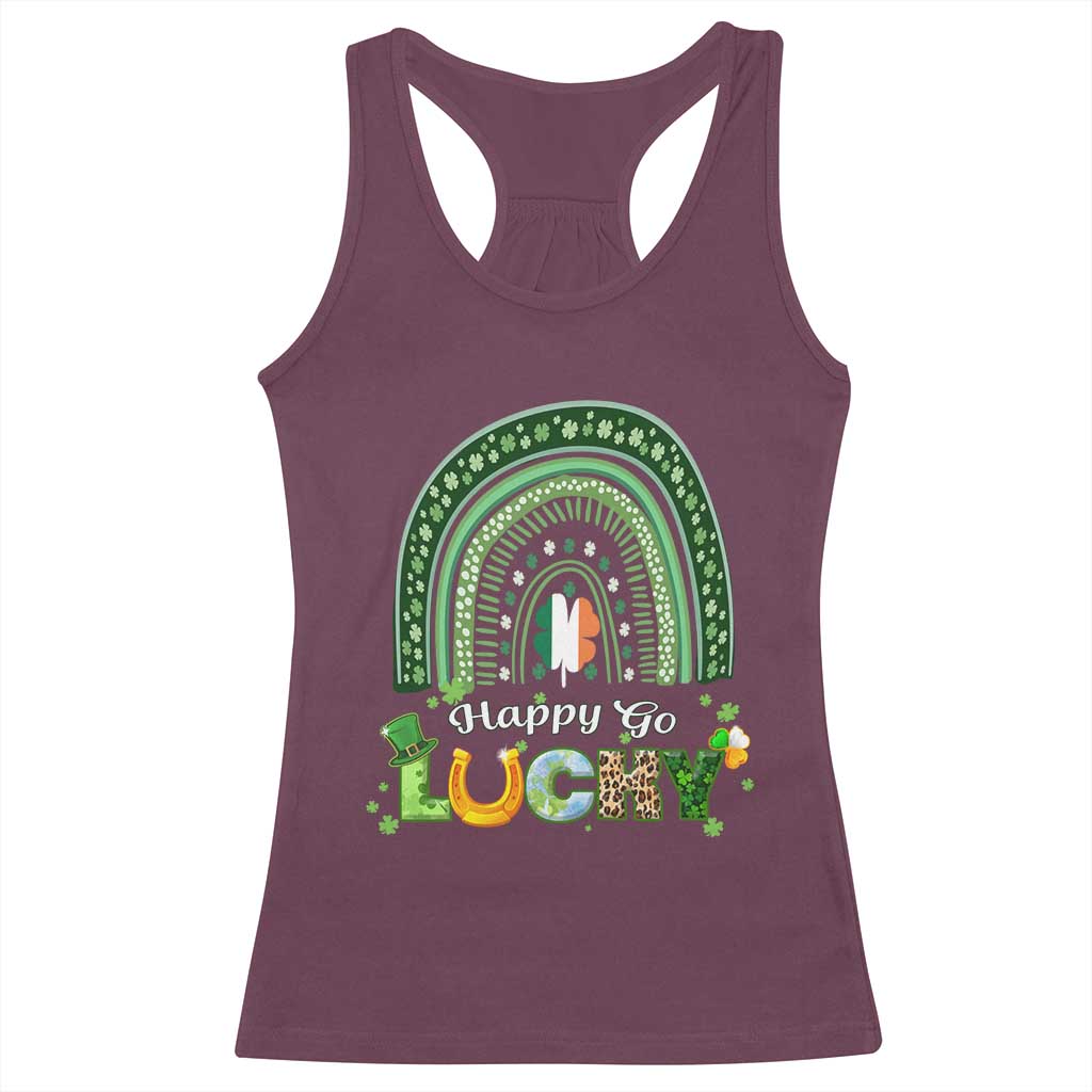 Funny St Patricks Day Racerback Tank Top Happy Go Lucky Shamrock Rainbow TS02 Maroon Print Your Wear