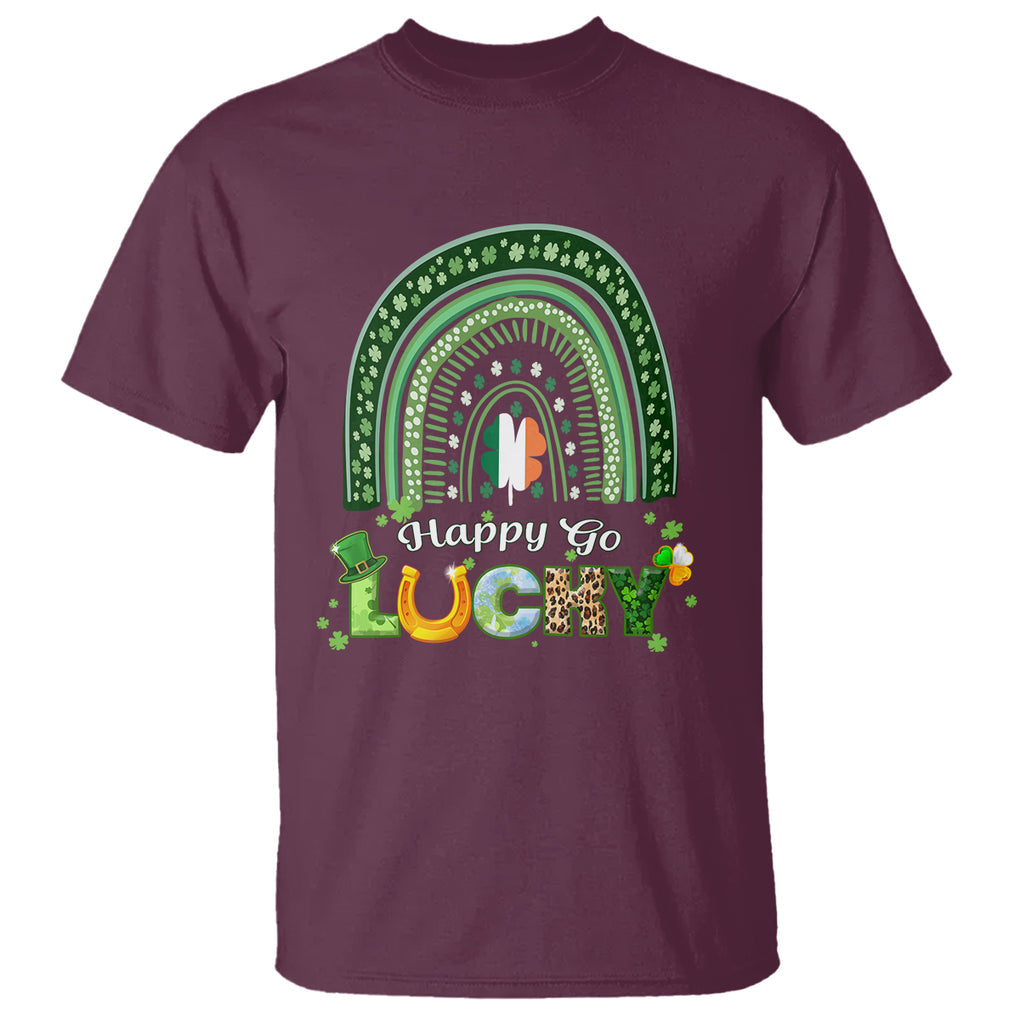 Funny St. Patricks Day T Shirt Happy Go Lucky Shamrock Rainbow TS02 Maroon Printyourwear