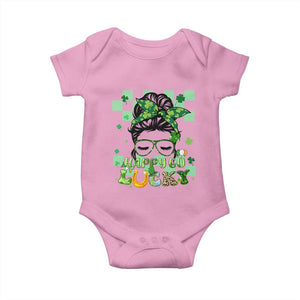 Funny St Patricks Day Women Baby Onesie Happy Go Lucky Messy Bun with Shamrocks TS02 Light Pink Print Your Wear
