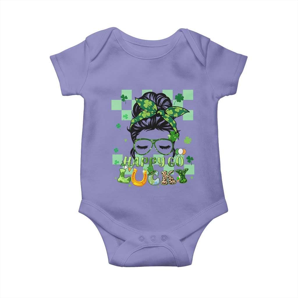 Funny St Patricks Day Women Baby Onesie Happy Go Lucky Messy Bun with Shamrocks TS02 Violet Print Your Wear