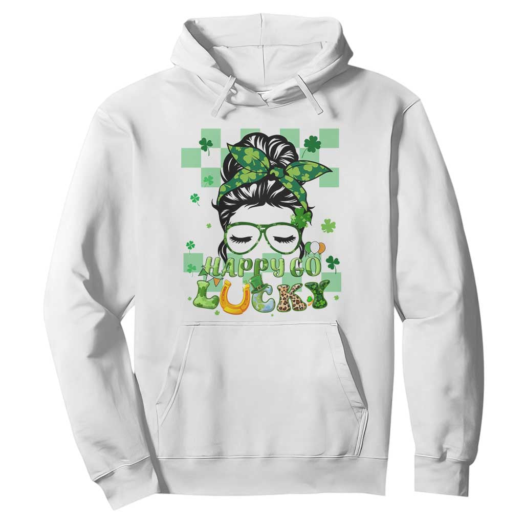 Funny St. Patricks Day Women Hoodie Happy Go Lucky Messy Bun with Shamrocks TS02 White Printyourwear