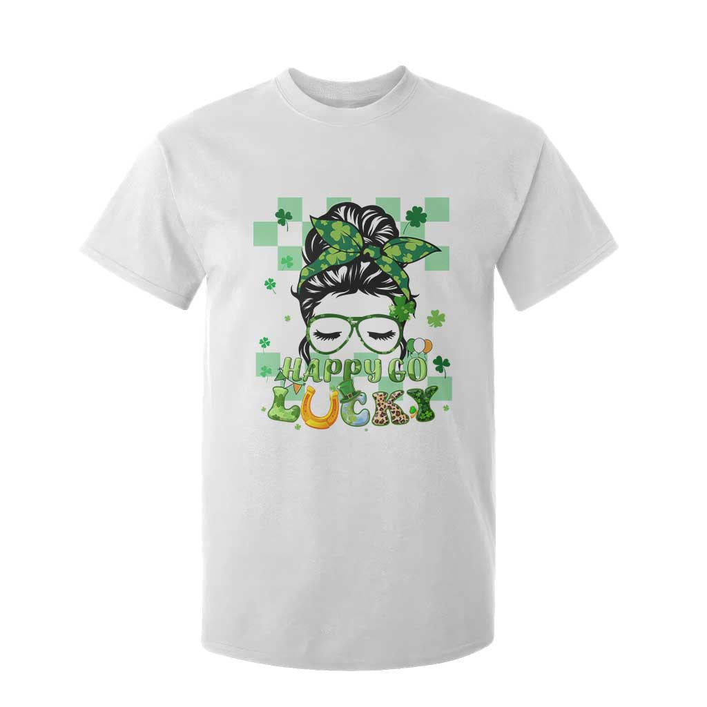 Funny St. Patricks Day Women T Shirt For Kid Happy Go Lucky Messy Bun with Shamrocks TS02 White Printyourwear