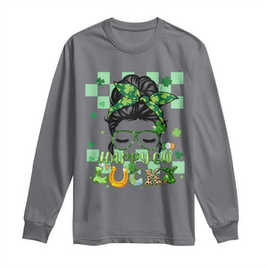 Funny St Patricks Day Women Long Sleeve Shirt Happy Go Lucky Messy Bun with Shamrocks TS02 Charcoal Print Your Wear