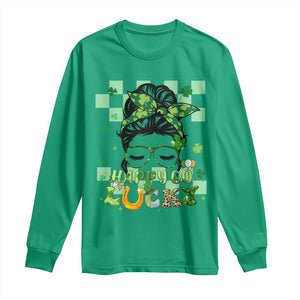 Funny St Patricks Day Women Long Sleeve Shirt Happy Go Lucky Messy Bun with Shamrocks TS02 Irish Green Print Your Wear