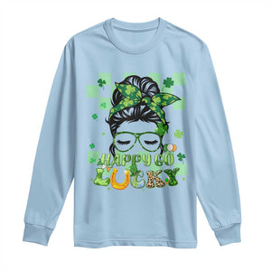 Funny St Patricks Day Women Long Sleeve Shirt Happy Go Lucky Messy Bun with Shamrocks TS02 Light Blue Print Your Wear