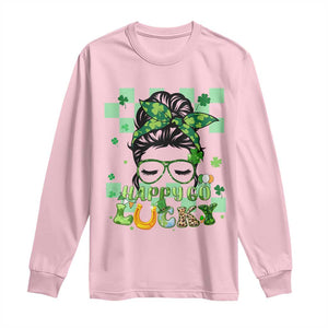 Funny St Patricks Day Women Long Sleeve Shirt Happy Go Lucky Messy Bun with Shamrocks TS02 Light Pink Print Your Wear