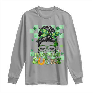 Funny St Patricks Day Women Long Sleeve Shirt Happy Go Lucky Messy Bun with Shamrocks TS02 Sport Gray Print Your Wear