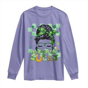 Funny St Patricks Day Women Long Sleeve Shirt Happy Go Lucky Messy Bun with Shamrocks TS02 Violet Print Your Wear