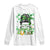 Funny St Patricks Day Women Long Sleeve Shirt Happy Go Lucky Messy Bun with Shamrocks TS02 White Print Your Wear