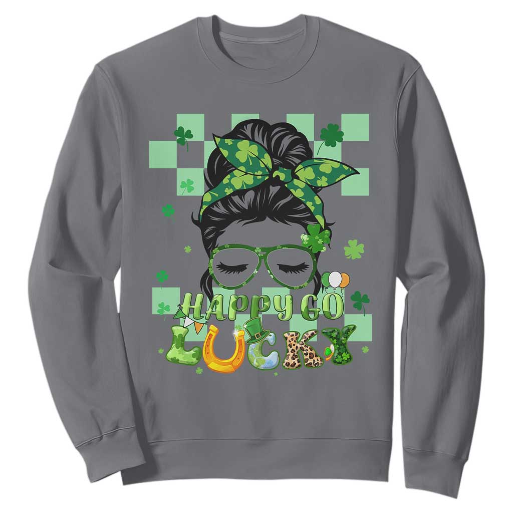 Funny St. Patricks Day Women Sweatshirt Happy Go Lucky Messy Bun with Shamrocks TS02 Charcoal Printyourwear