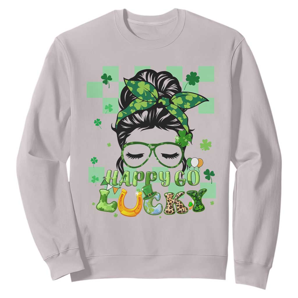 Funny St. Patricks Day Women Sweatshirt Happy Go Lucky Messy Bun with Shamrocks TS02 Ice Gray Printyourwear