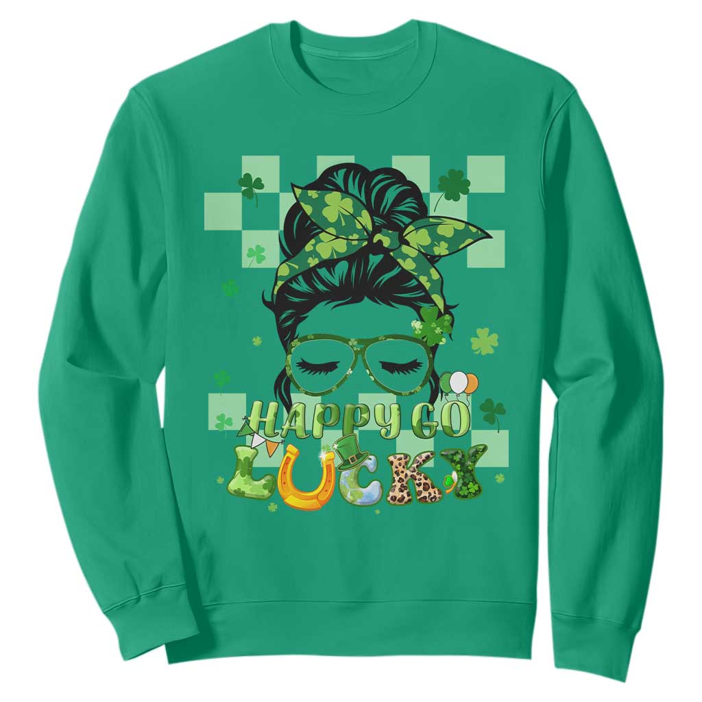 Funny St. Patricks Day Women Sweatshirt Happy Go Lucky Messy Bun with Shamrocks TS02 Irish Green Printyourwear