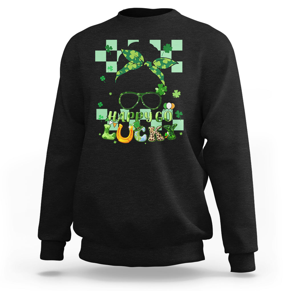 Funny St. Patricks Day Women Sweatshirt Happy Go Lucky Messy Bun with Shamrocks TS02 Black Printyourwear