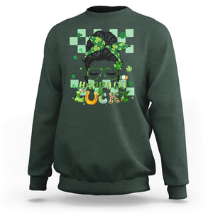 Funny St. Patricks Day Women Sweatshirt Happy Go Lucky Messy Bun with Shamrocks TS02 Dark Forest Green Printyourwear