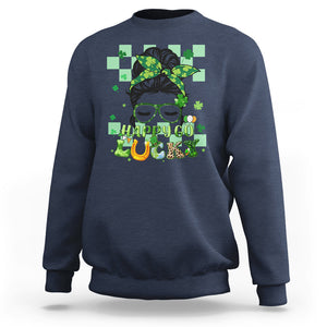 Funny St. Patricks Day Women Sweatshirt Happy Go Lucky Messy Bun with Shamrocks TS02 Navy Printyourwear