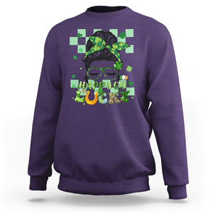 Funny St. Patricks Day Women Sweatshirt Happy Go Lucky Messy Bun with Shamrocks TS02 Purple Printyourwear