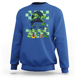 Funny St. Patricks Day Women Sweatshirt Happy Go Lucky Messy Bun with Shamrocks TS02 Royal Blue Printyourwear