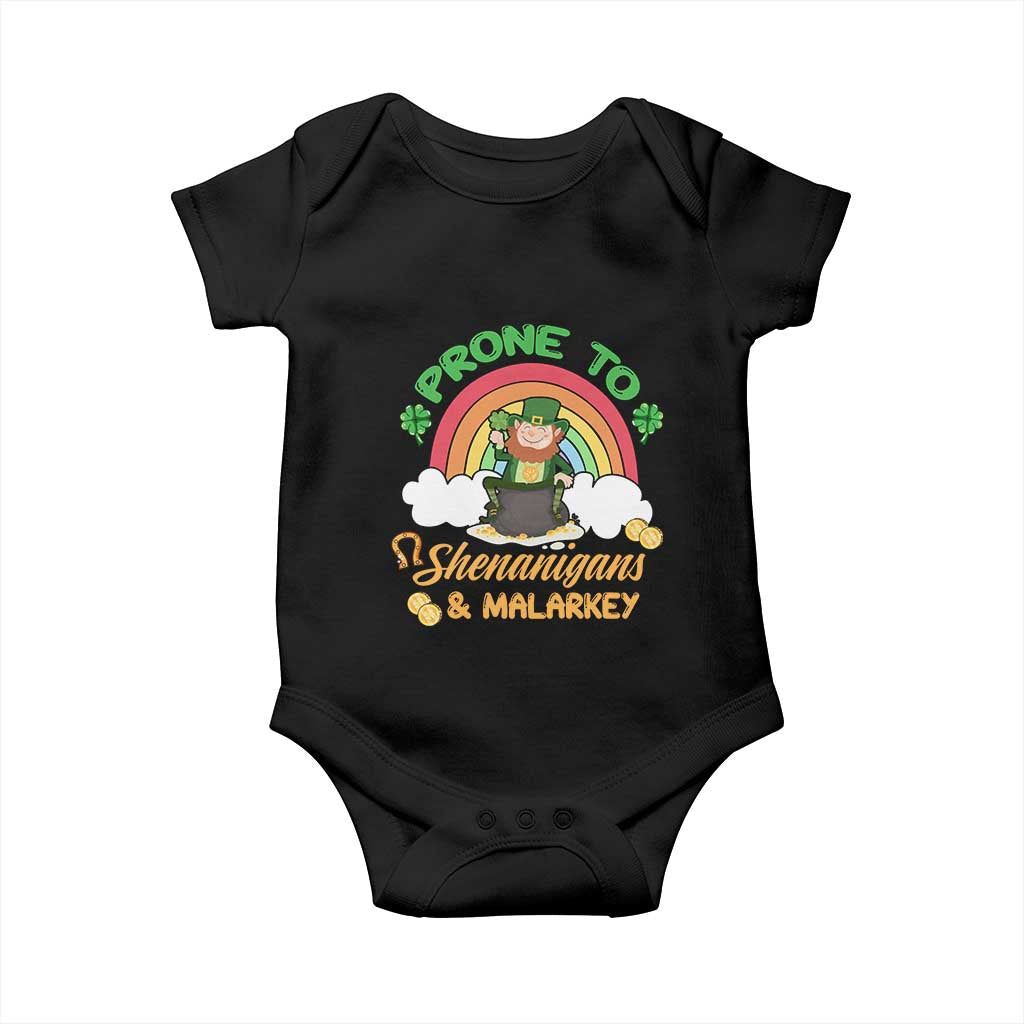 Funny St Patricks Day Baby Onesie Prone To Shenanigans and Malarkey Cute Leprechaun Rainbow TS02 Black Print Your Wear