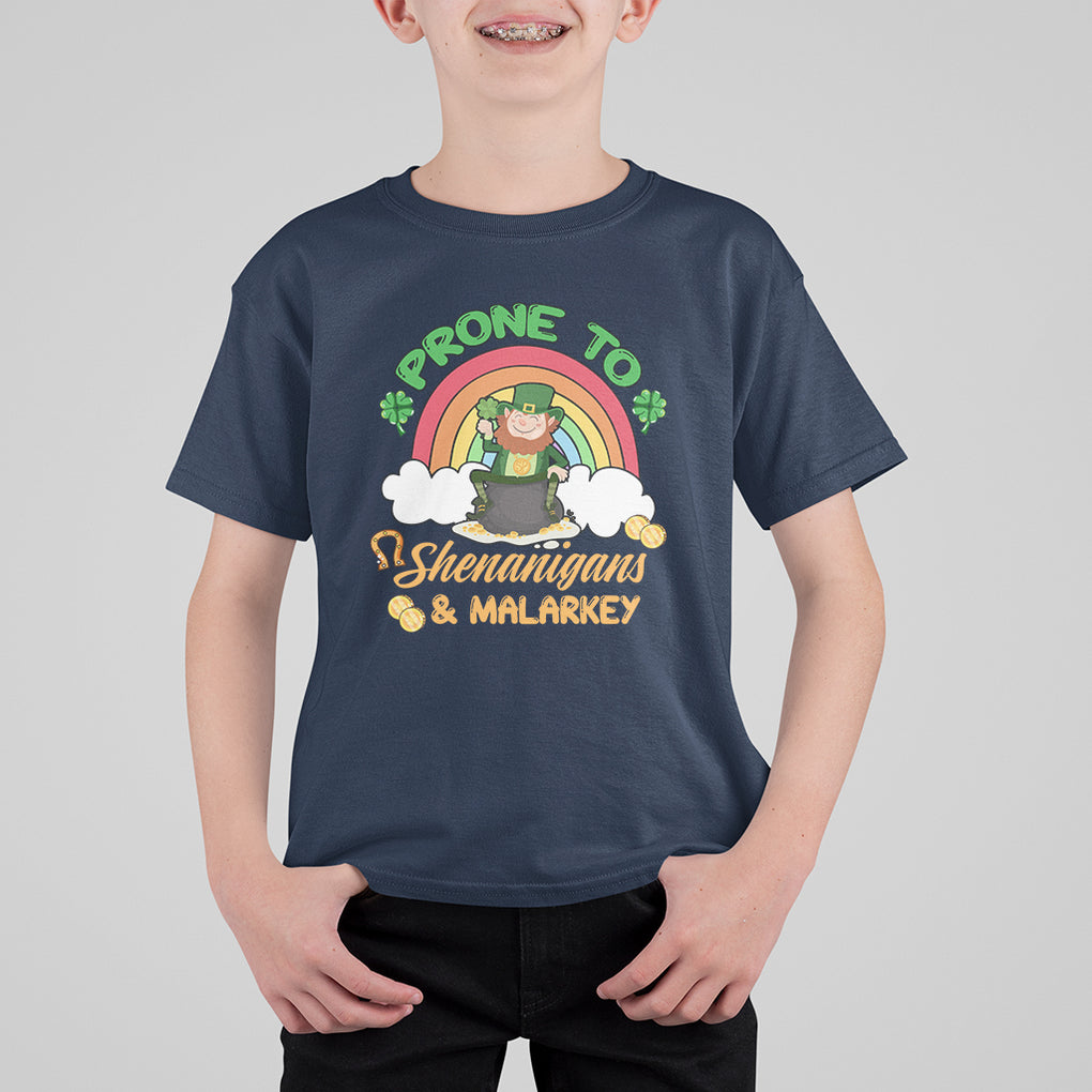 Funny St. Patricks Day T Shirt For Kid Prone To Shenanigans and Malarkey Cute Leprechaun Rainbow TS02 Navy Printyourwear
