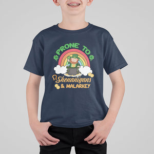 Funny St. Patricks Day T Shirt For Kid Prone To Shenanigans and Malarkey Cute Leprechaun Rainbow TS02 Navy Printyourwear