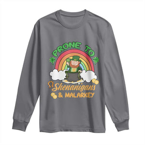 Funny St Patricks Day Long Sleeve Shirt Prone To Shenanigans and Malarkey Cute Leprechaun Rainbow TS02 Charcoal Print Your Wear