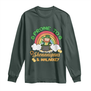 Funny St Patricks Day Long Sleeve Shirt Prone To Shenanigans and Malarkey Cute Leprechaun Rainbow TS02 Dark Forest Green Print Your Wear