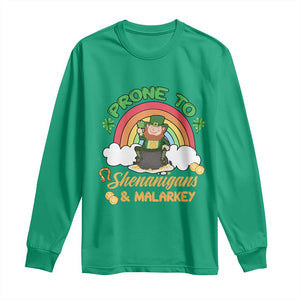 Funny St Patricks Day Long Sleeve Shirt Prone To Shenanigans and Malarkey Cute Leprechaun Rainbow TS02 Irish Green Print Your Wear